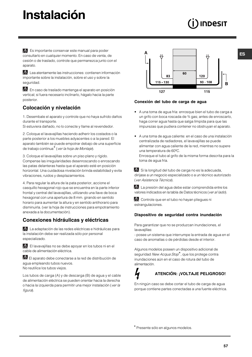 Instalación, Colocación y nivelación, Conexiones hidráulicas y eléctricas | Indesit DPG-15-IX User Manual | Page 57 / 80