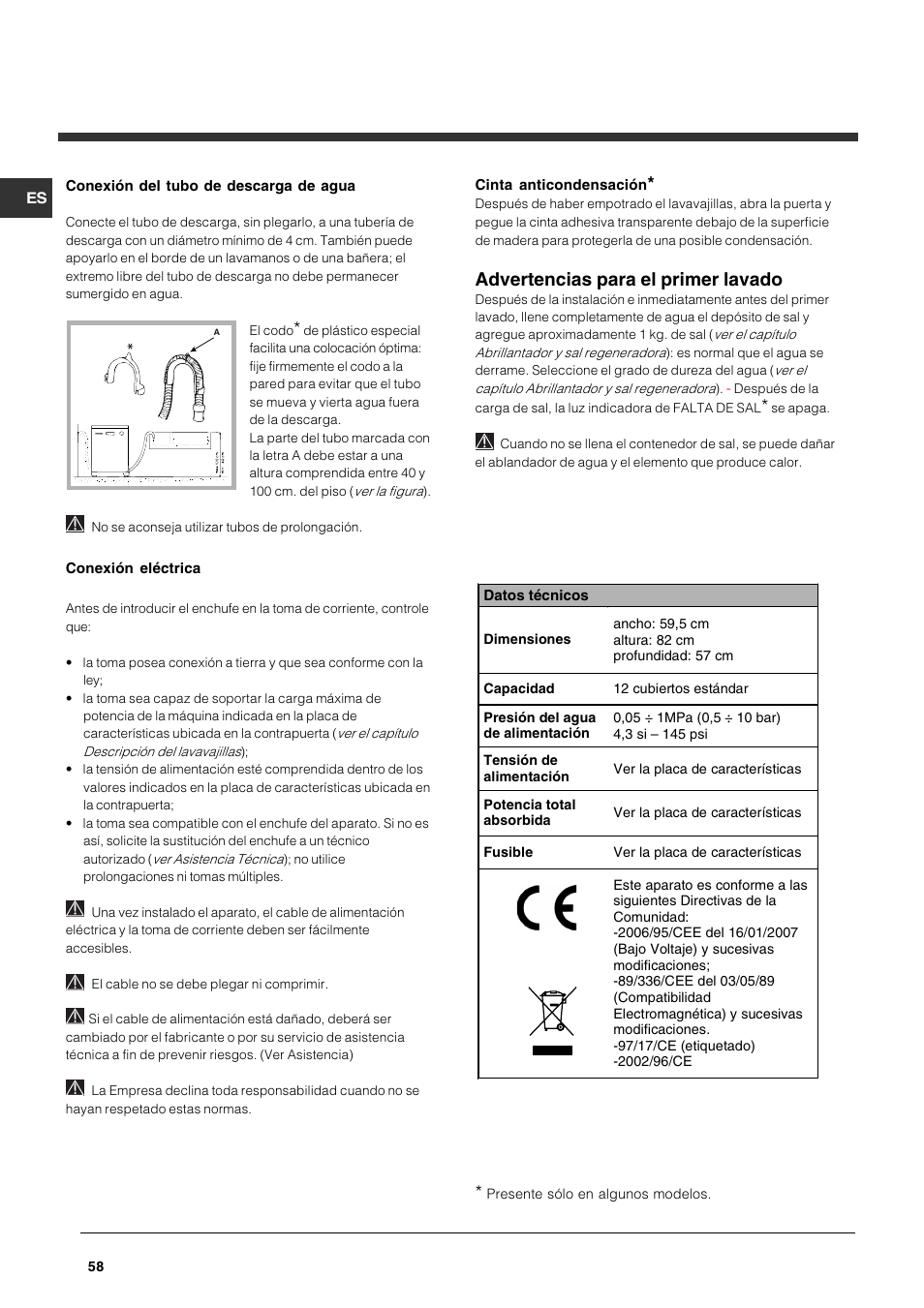 Advertencias para el primer lavado | Indesit DPG-15-IX User Manual | Page 58 / 80