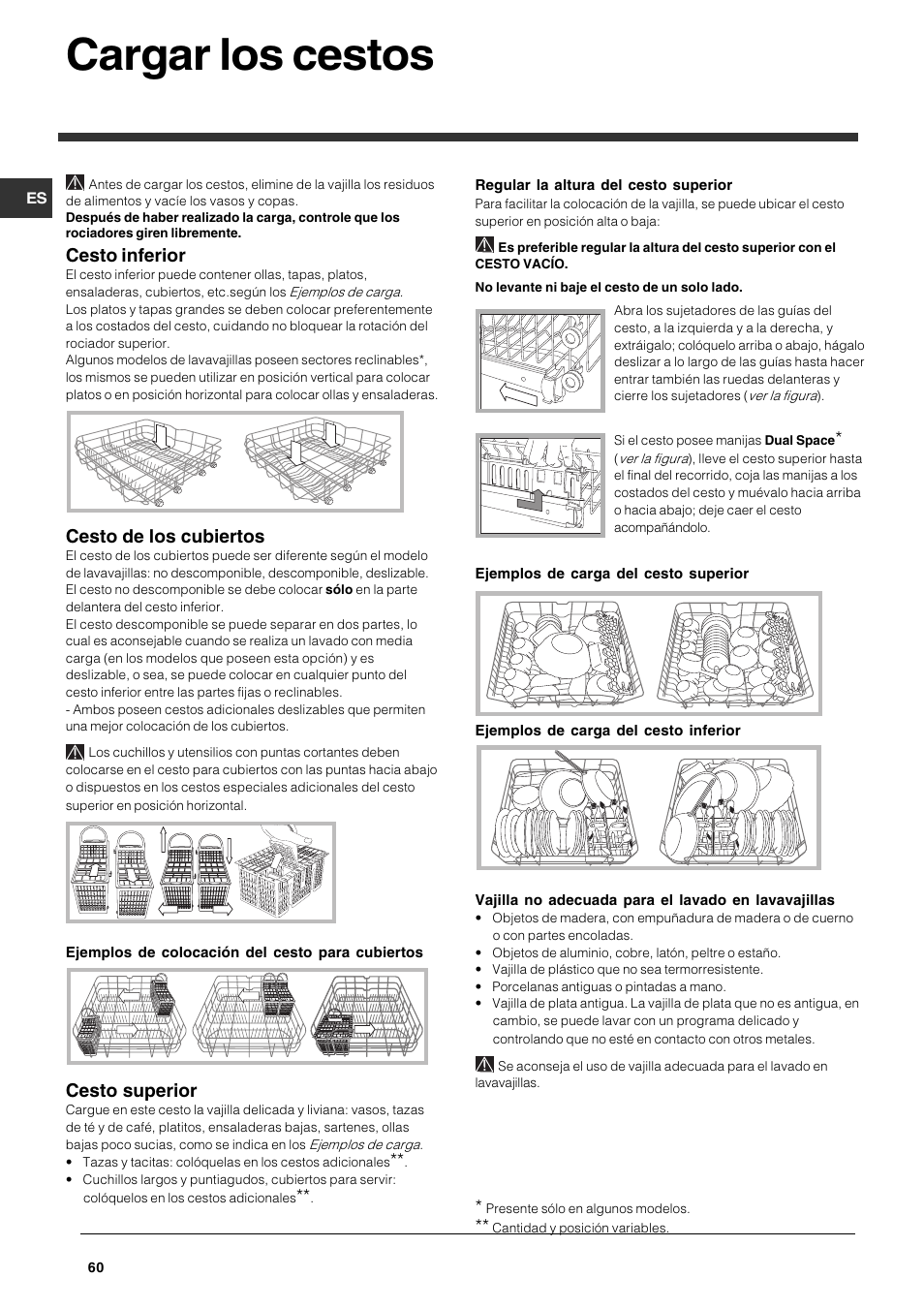 Cargar los cestos, Cesto inferior, Cesto de los cubiertos | Cesto superior | Indesit DPG-15-IX User Manual | Page 60 / 80