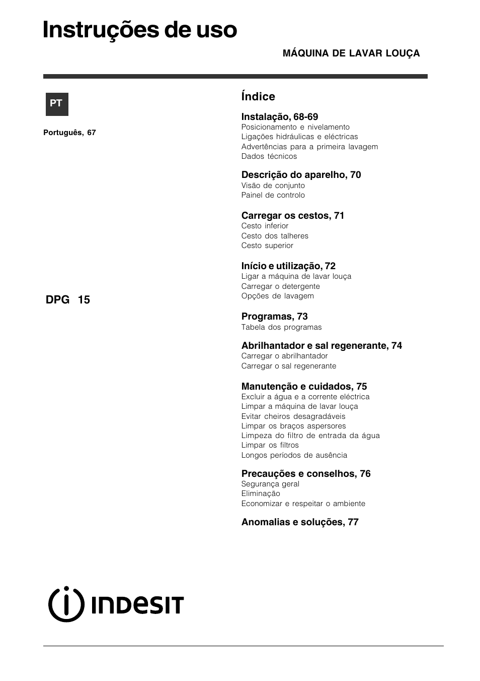 Instruções de uso, Índice, Dpg 15 | Indesit DPG-15-IX User Manual | Page 67 / 80