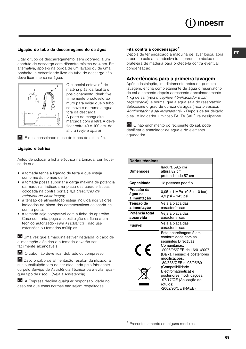 Advertências para a primeira lavagem | Indesit DPG-15-IX User Manual | Page 69 / 80