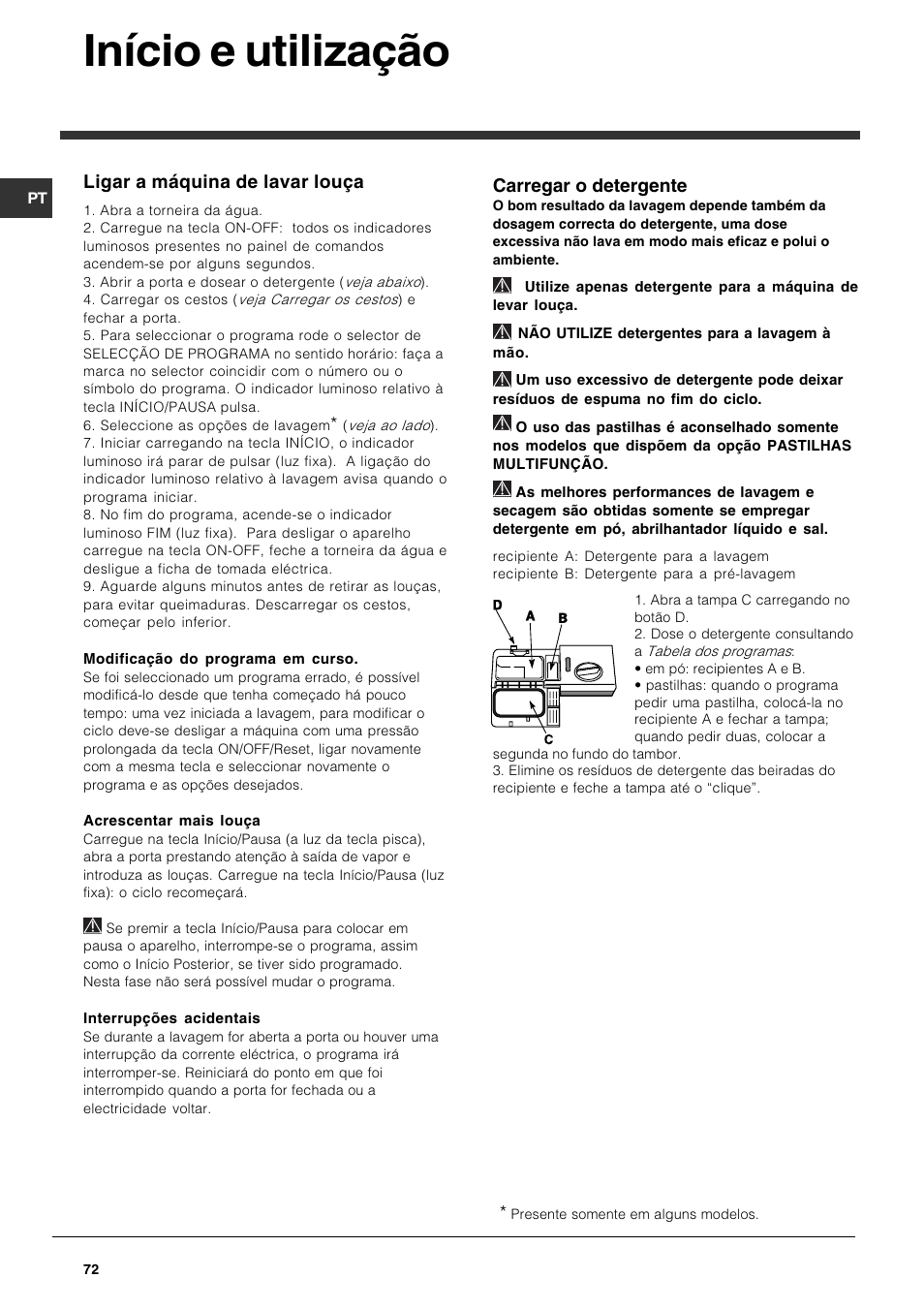 Início e utilização, Carregar o detergente, Ligar a máquina de lavar louça | Indesit DPG-15-IX User Manual | Page 72 / 80
