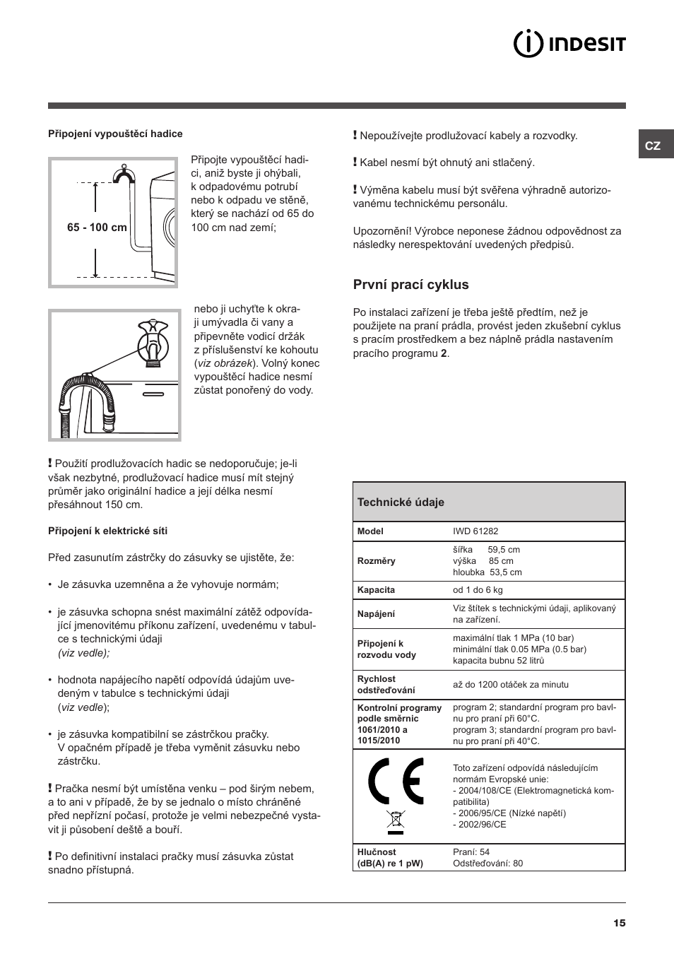 První prací cyklus | Indesit IWD-61282-C-ECO-(EU) User Manual | Page 15 / 36