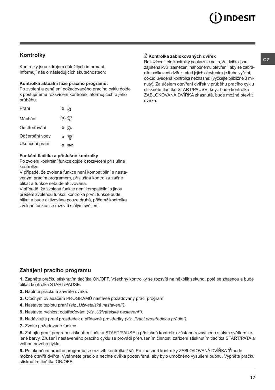 Kontrolky, Zahájení pracího programu | Indesit IWD-61282-C-ECO-(EU) User Manual | Page 17 / 36
