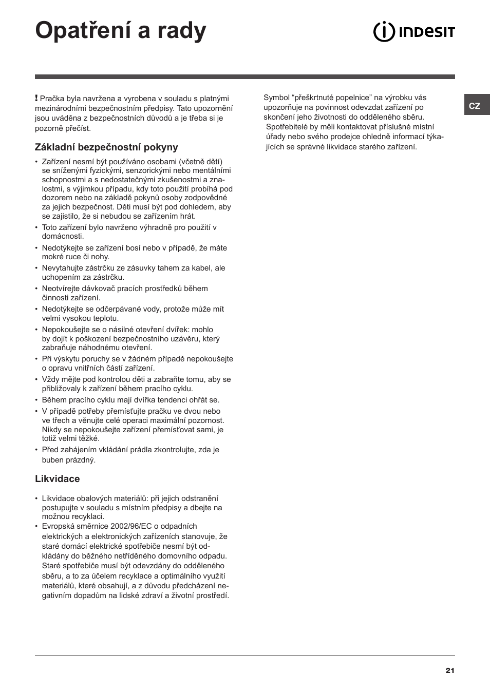 Opatření a rady | Indesit IWD-61282-C-ECO-(EU) User Manual | Page 21 / 36
