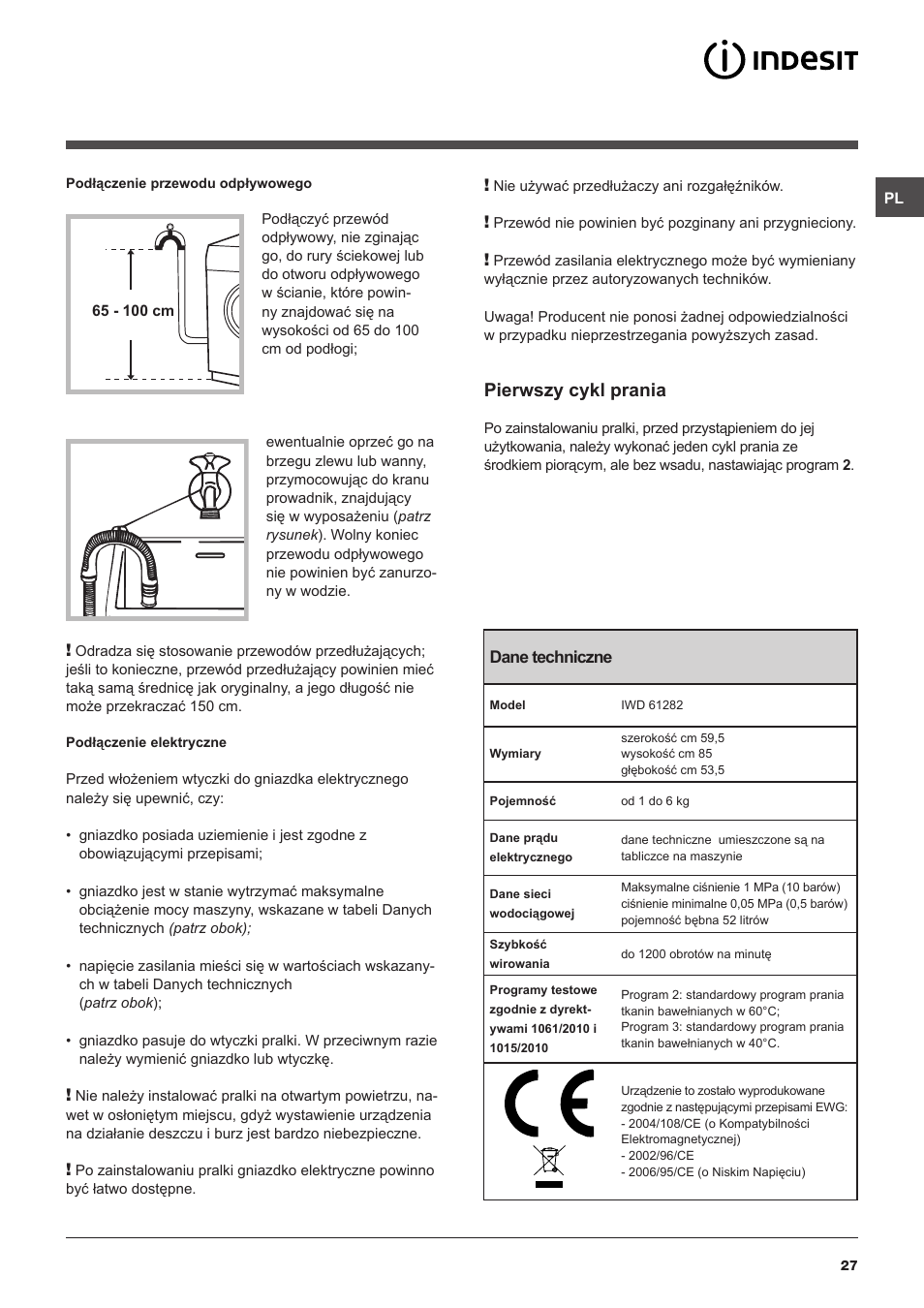 Pierwszy cykl prania | Indesit IWD-61282-C-ECO-(EU) User Manual | Page 27 / 36