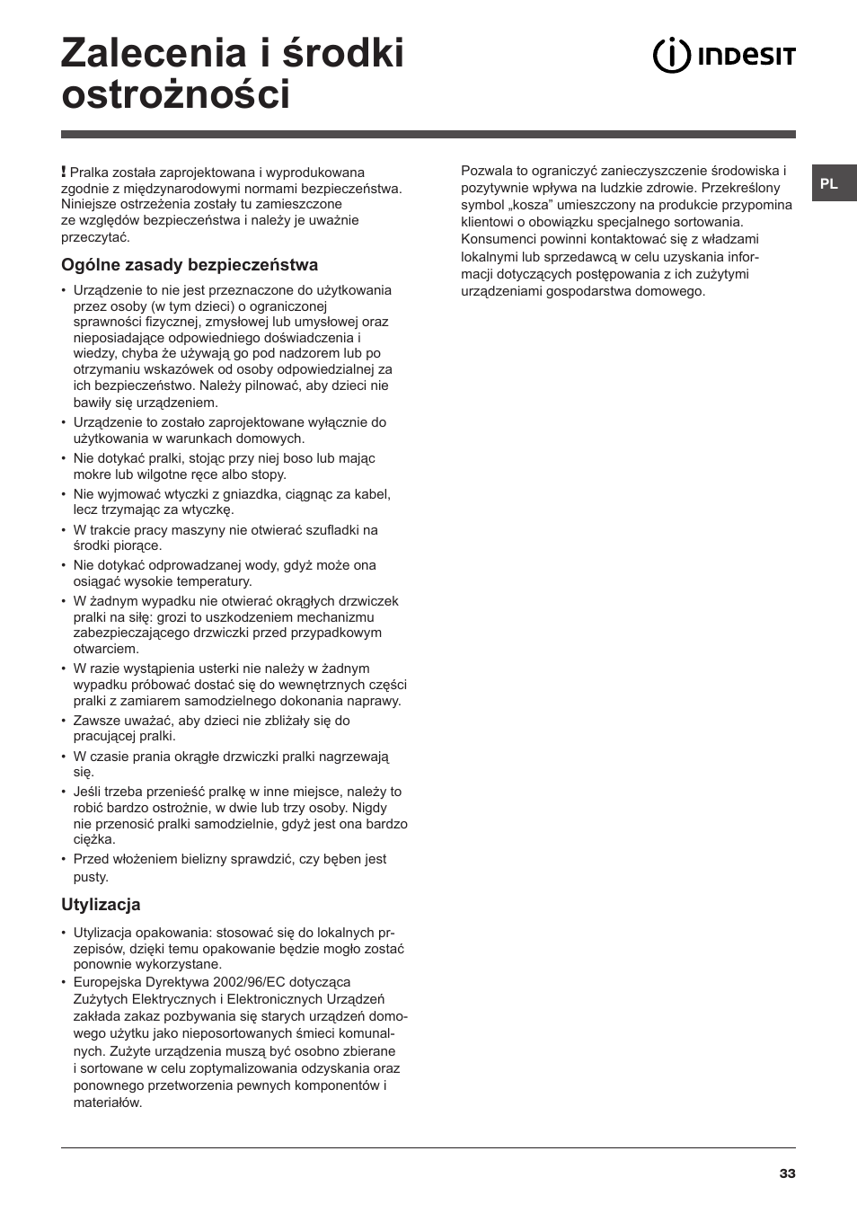 Zalecenia i środki ostrożności | Indesit IWD-61282-C-ECO-(EU) User Manual | Page 33 / 36