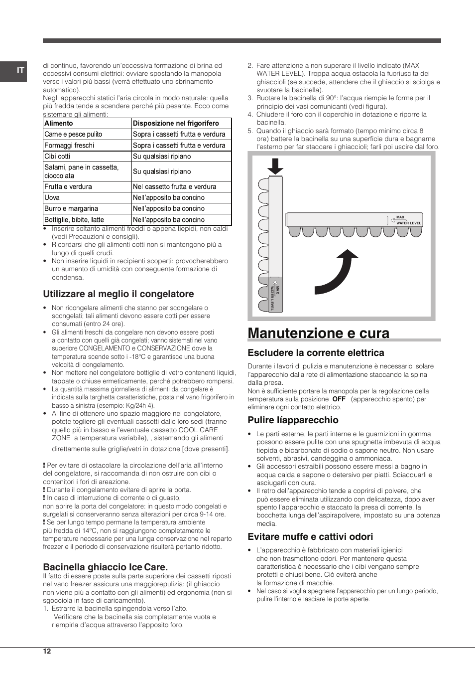 Manutenzione e cura, Utilizzare al meglio il congelatore, Bacinella ghiaccio ice | Care, Escludere la corrente elettrica, Pulire líapparecchio, Evitare muffe e cattivi odori | Indesit CAA-55-NF.1 User Manual | Page 12 / 44