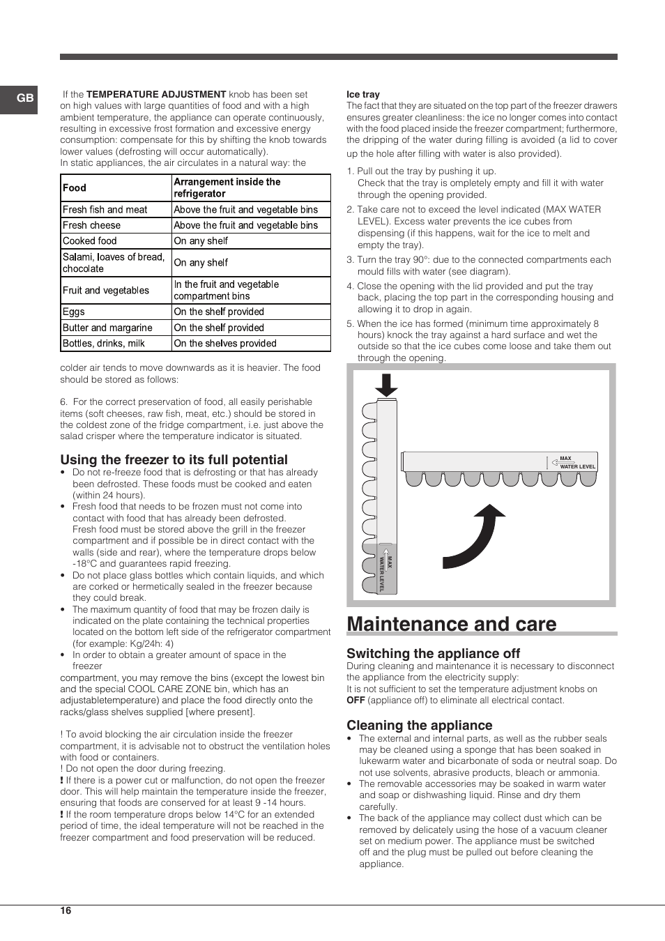 Maintenance and care, Using the freezer to its full potential, Switching the appliance off | Cleaning the appliance | Indesit CAA-55-NF.1 User Manual | Page 16 / 44