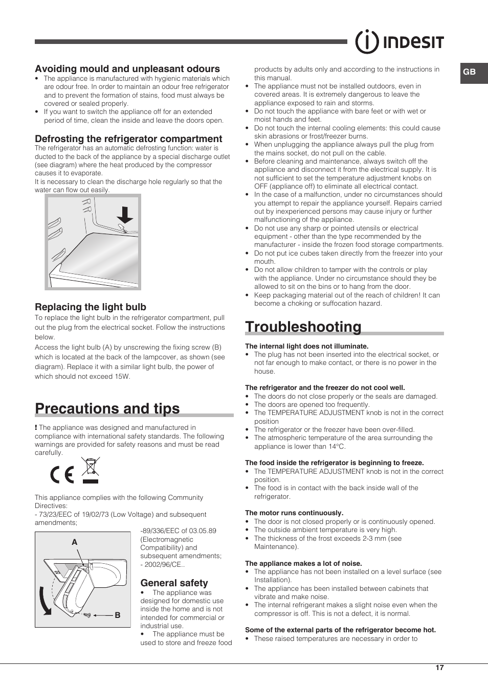 Precautions and tips, Troubleshooting, Avoiding mould and unpleasant odours | Defrosting the refrigerator compartment, Replacing the light bulb, General safety | Indesit CAA-55-NF.1 User Manual | Page 17 / 44