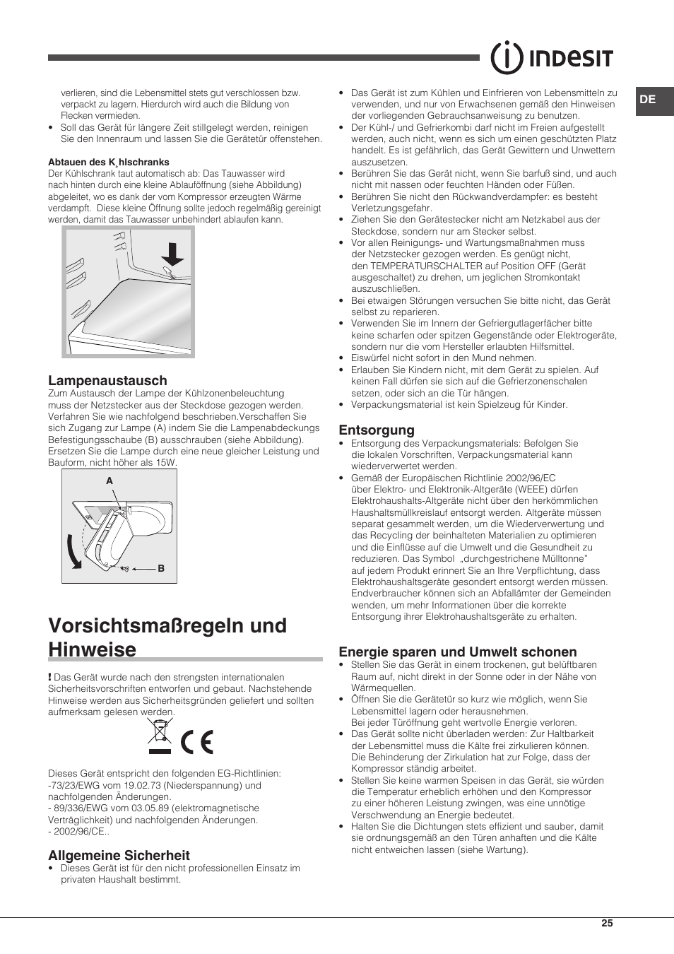Vorsichtsmaßregeln und hinweise, Lampenaustausch, Allgemeine sicherheit | Entsorgung, Energie sparen und umwelt schonen | Indesit CAA-55-NF.1 User Manual | Page 25 / 44