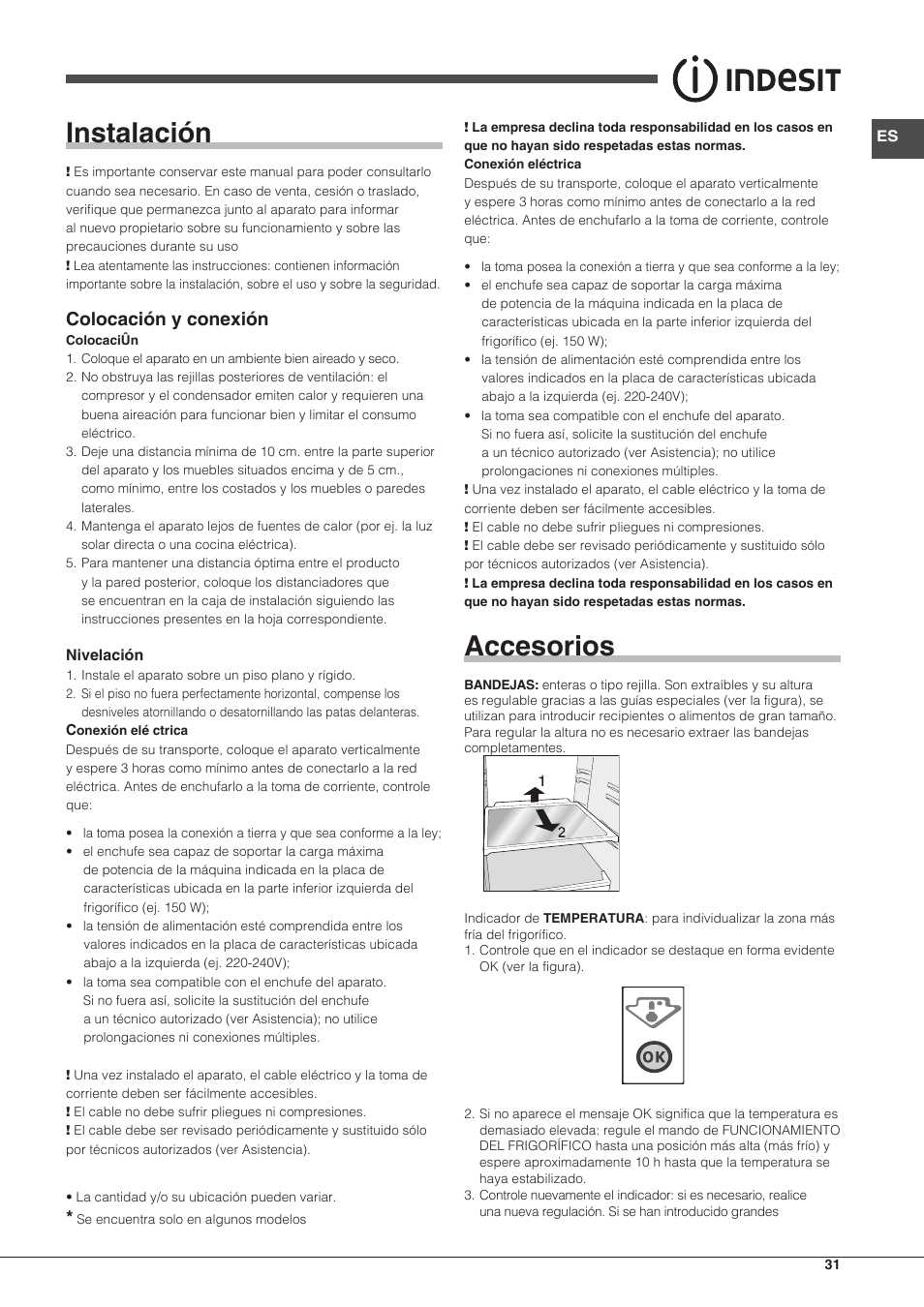 Instalación, Accesorios, Colocación y conexión | Indesit CAA-55-NF.1 User Manual | Page 31 / 44