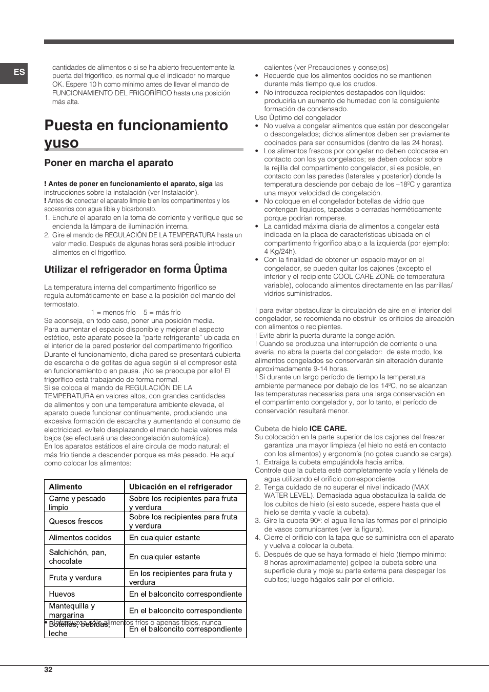 Puesta en funcionamiento yuso, Poner en marcha el aparato, Utilizar el refrigerador en forma ûptima | Indesit CAA-55-NF.1 User Manual | Page 32 / 44