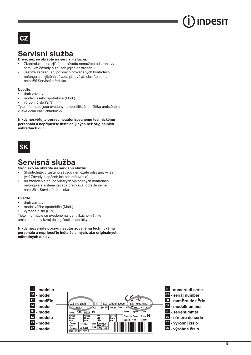 Servisní služba, Servisná služba | Indesit CAA-55-NF.1 User Manual | Page 5 / 44