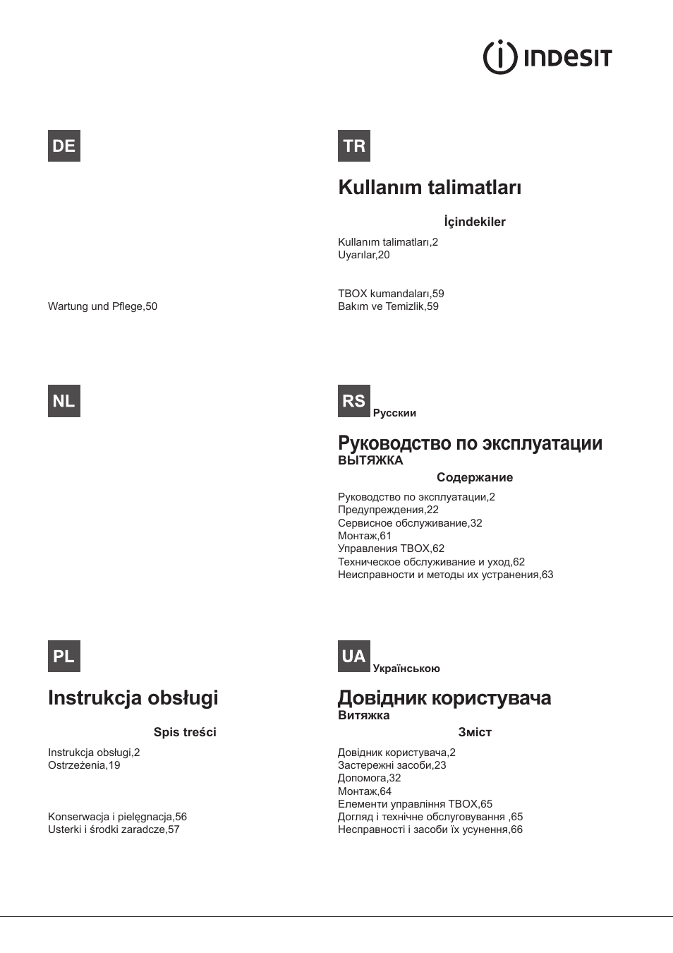Gebruiksaanwijzing, Instrukcja obsługi, Kullanım talimatları | Руководство по эксплуатации, Довідник користувача, Bedienungsanleitung | Indesit IHT-6.5-C-M-IX User Manual | Page 2 / 80