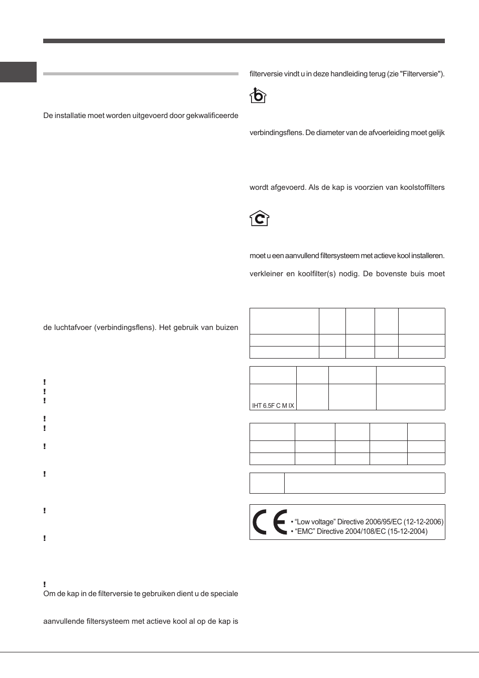 Installatie, Elektrische aansluiting, Luchtafvoer | Filter- of afzuigversie, Technische gegevens | Indesit IHT-6.5-C-M-IX User Manual | Page 52 / 80