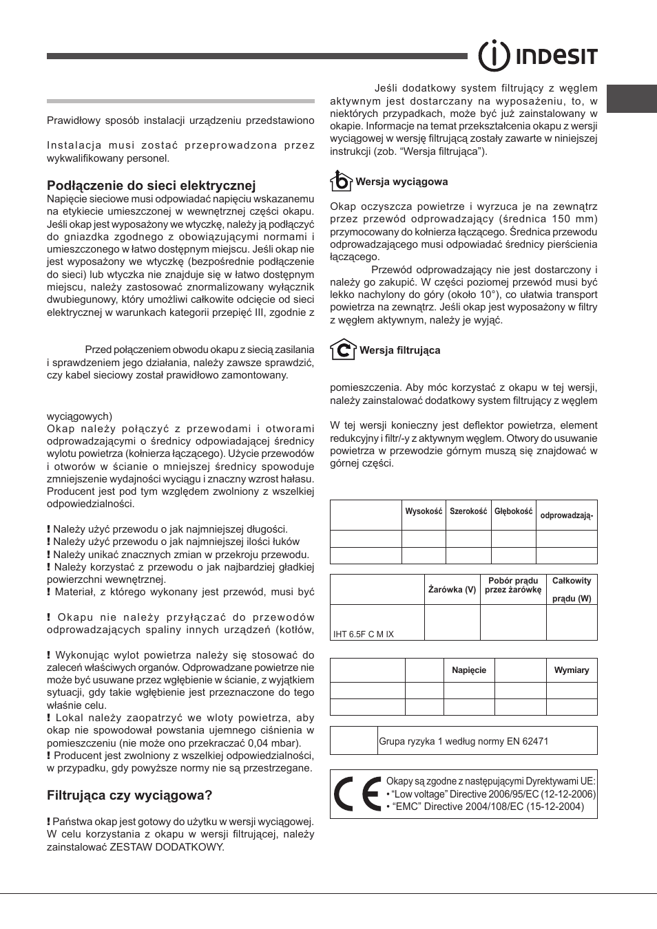 Instalacja, Podłączenie do sieci elektrycznej, Odprowadzanie powietrza | Filtrująca czy wyciągowa, Dane techniczne | Indesit IHT-6.5-C-M-IX User Manual | Page 55 / 80