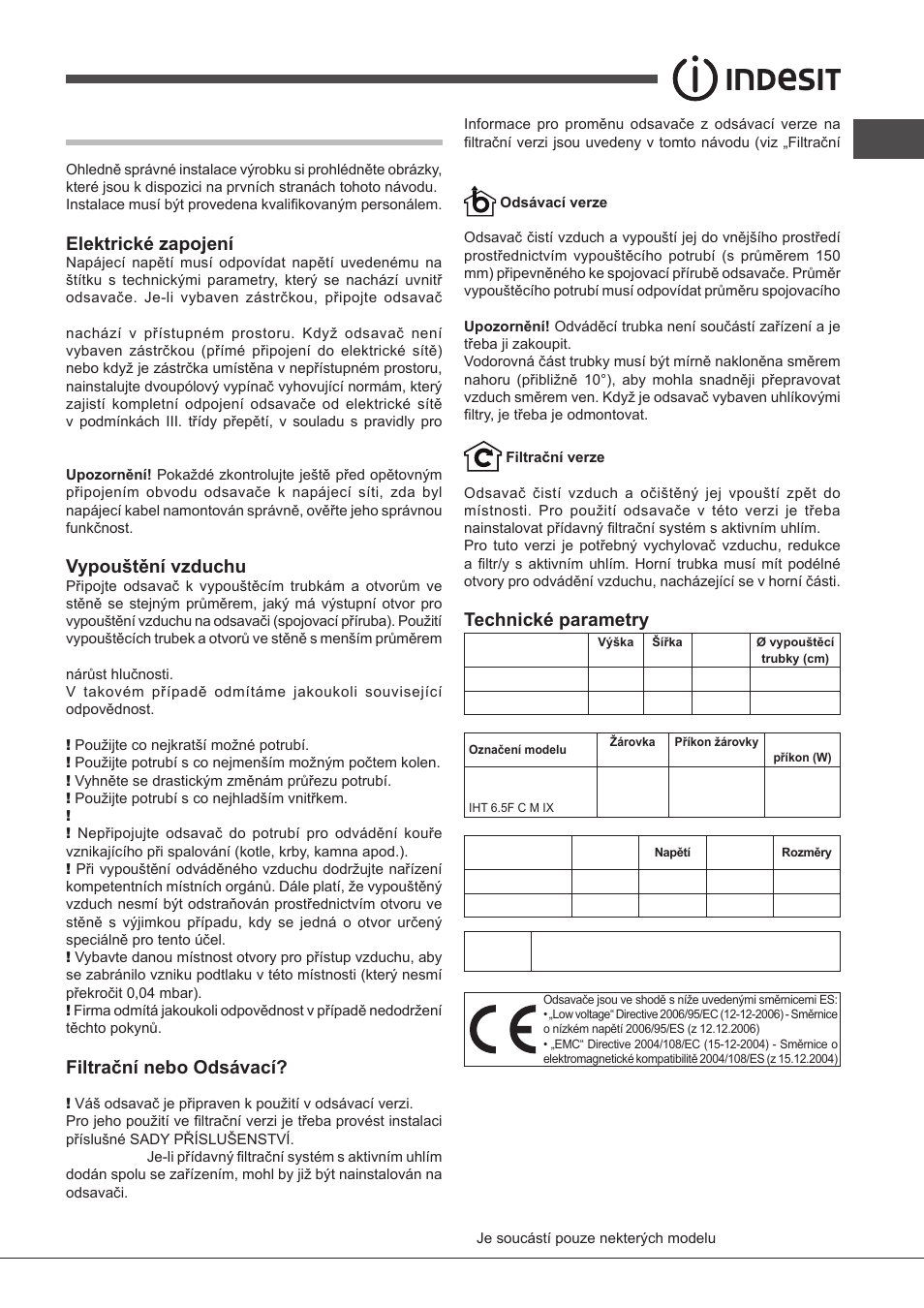 Instalace, Elektrické zapojení, Vypouštění vzduchu | Filtrační nebo odsávací, Technické parametry | Indesit IHT-6.5-C-M-IX User Manual | Page 67 / 80