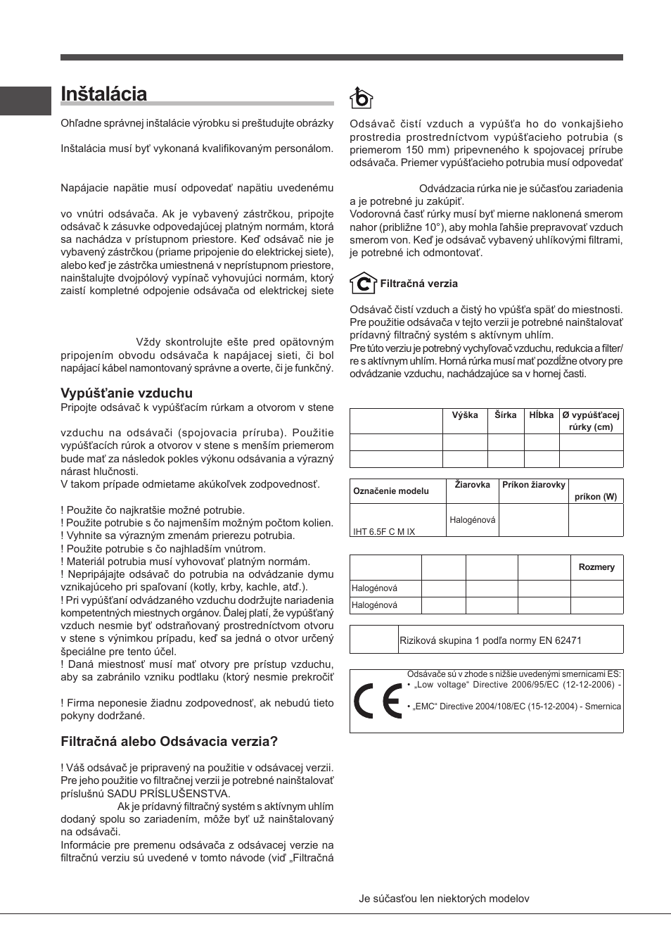 Inštalácia, Pripojenie k elektrickej sieti, Vypúšťanie vzduchu | Filtračná alebo odsávacia verzia, Technické parametre | Indesit IHT-6.5-C-M-IX User Manual | Page 70 / 80
