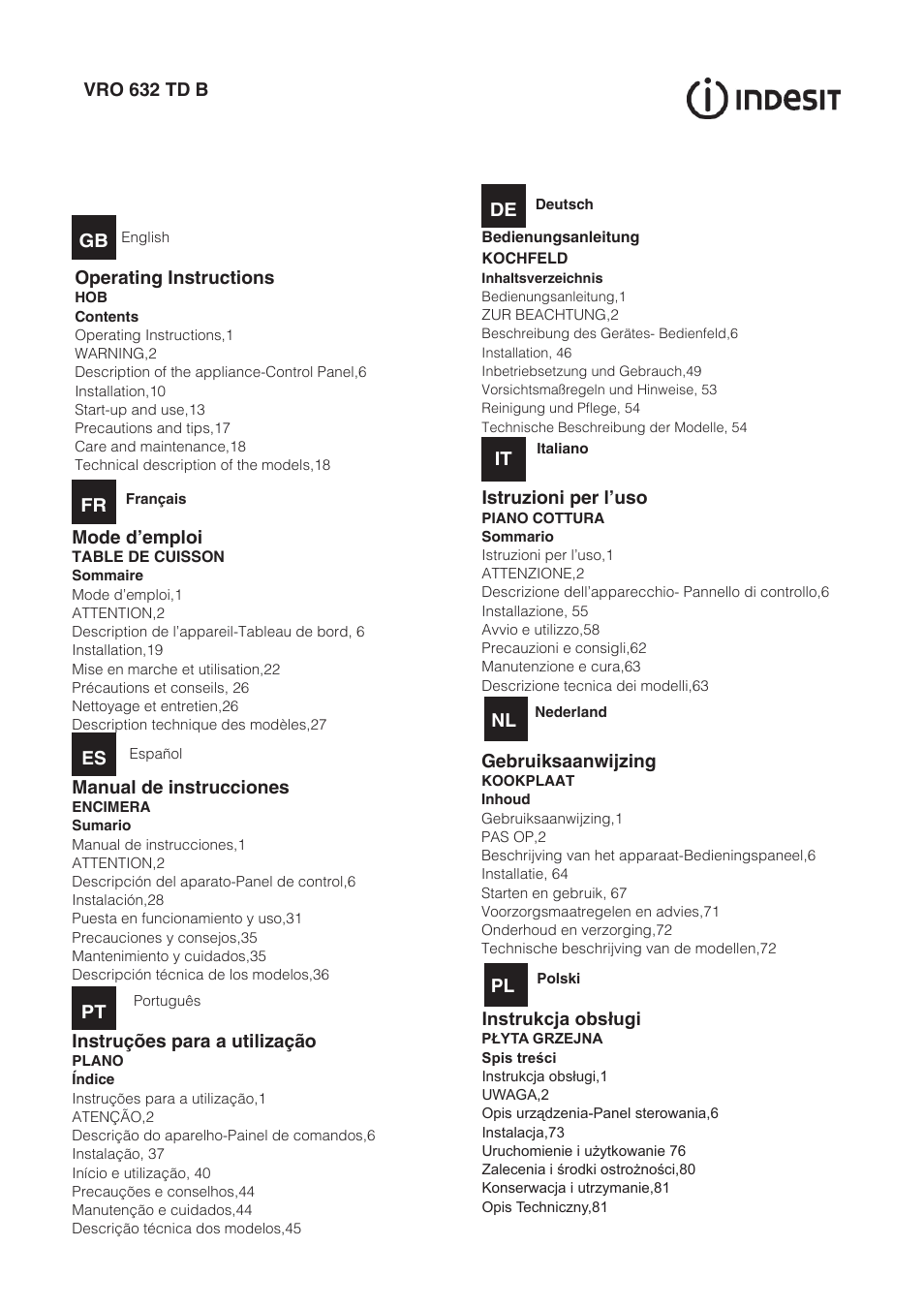 Indesit VRO-632-TD-B User Manual | 84 pages