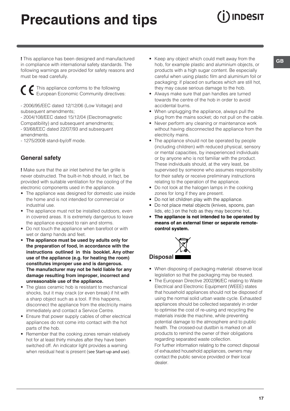 Precautions and tips | Indesit VRO-632-TD-B User Manual | Page 17 / 84