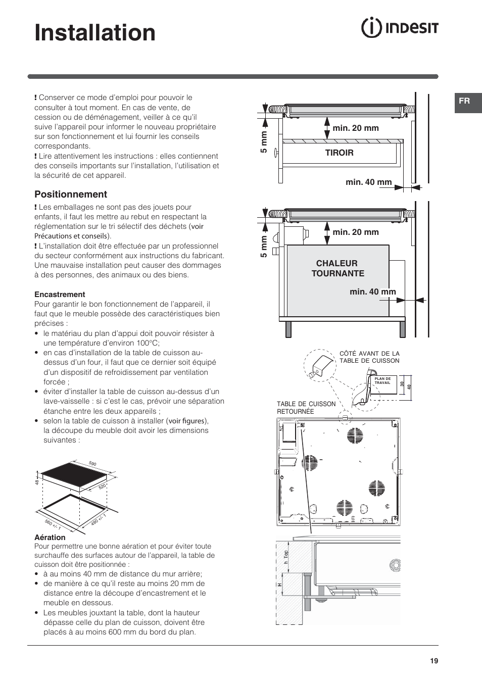 Installation, Positionnement | Indesit VRO-632-TD-B User Manual | Page 19 / 84