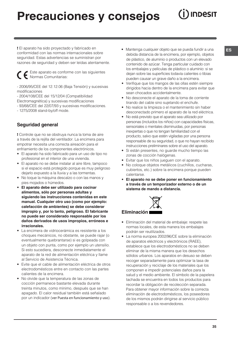 Precauciones y consejos | Indesit VRO-632-TD-B User Manual | Page 35 / 84