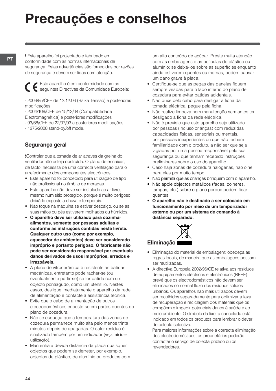 Precauções e conselhos | Indesit VRO-632-TD-B User Manual | Page 44 / 84