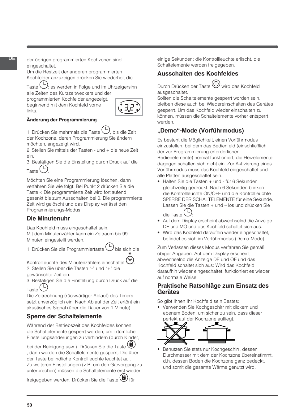 Die minutenuhr, Sperre der schaltelemente, Ausschalten des kochfeldes | Demo“-mode (vorführmodus), Praktische ratschläge zum einsatz des gerätes | Indesit VRO-632-TD-B User Manual | Page 50 / 84
