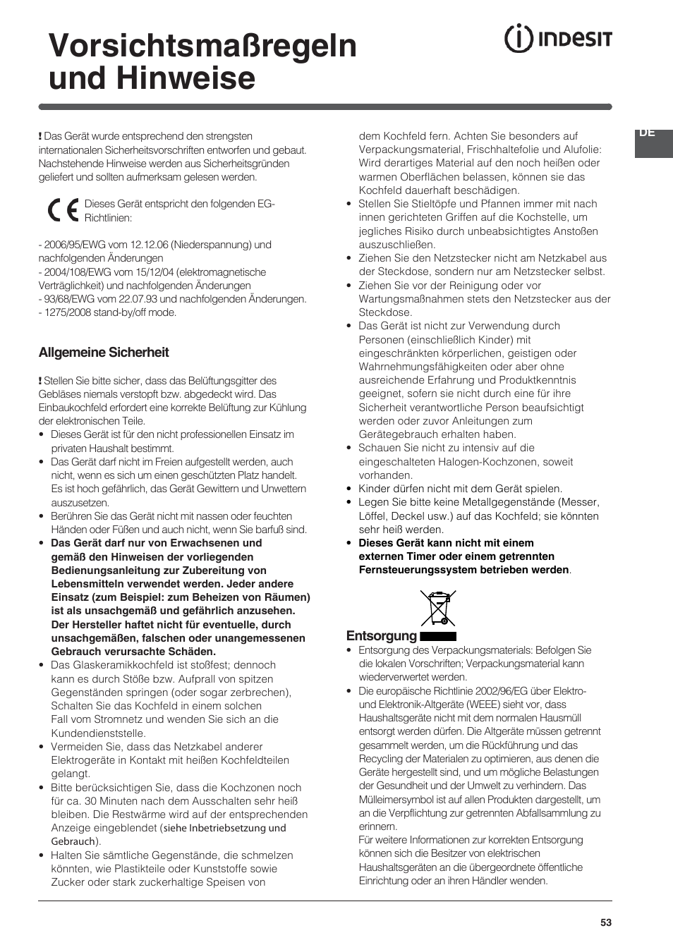 Vorsichtsmaßregeln und hinweise | Indesit VRO-632-TD-B User Manual | Page 53 / 84