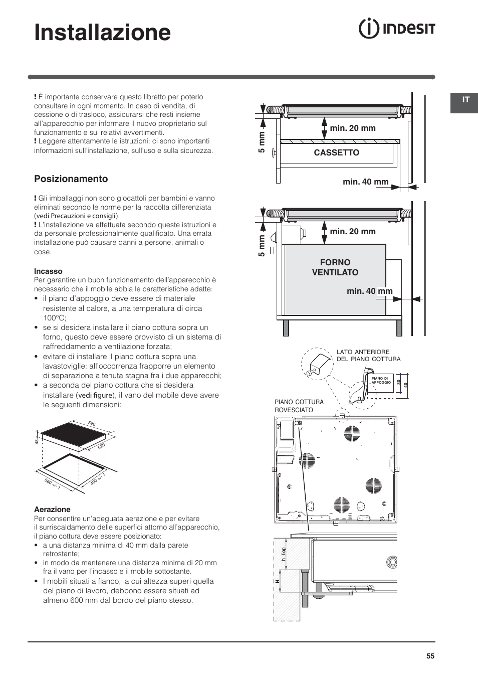 Installazione, Posizionamento | Indesit VRO-632-TD-B User Manual | Page 55 / 84