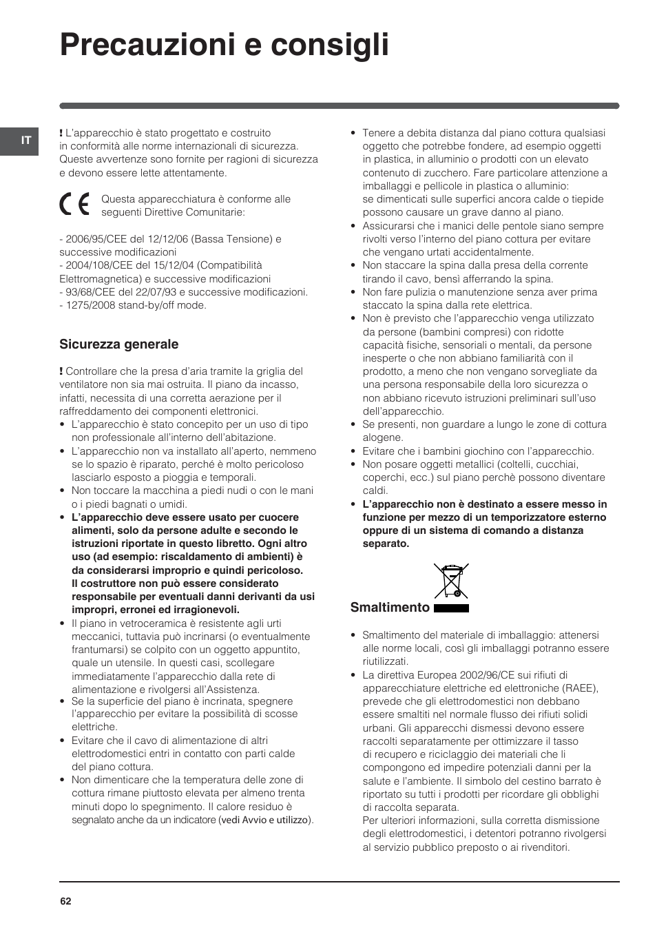 Precauzioni e consigli | Indesit VRO-632-TD-B User Manual | Page 62 / 84