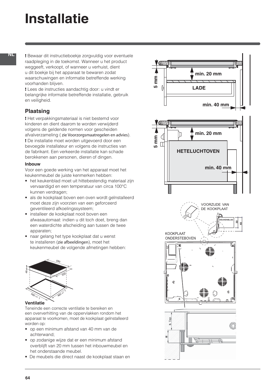 Installatie, Plaatsing | Indesit VRO-632-TD-B User Manual | Page 64 / 84