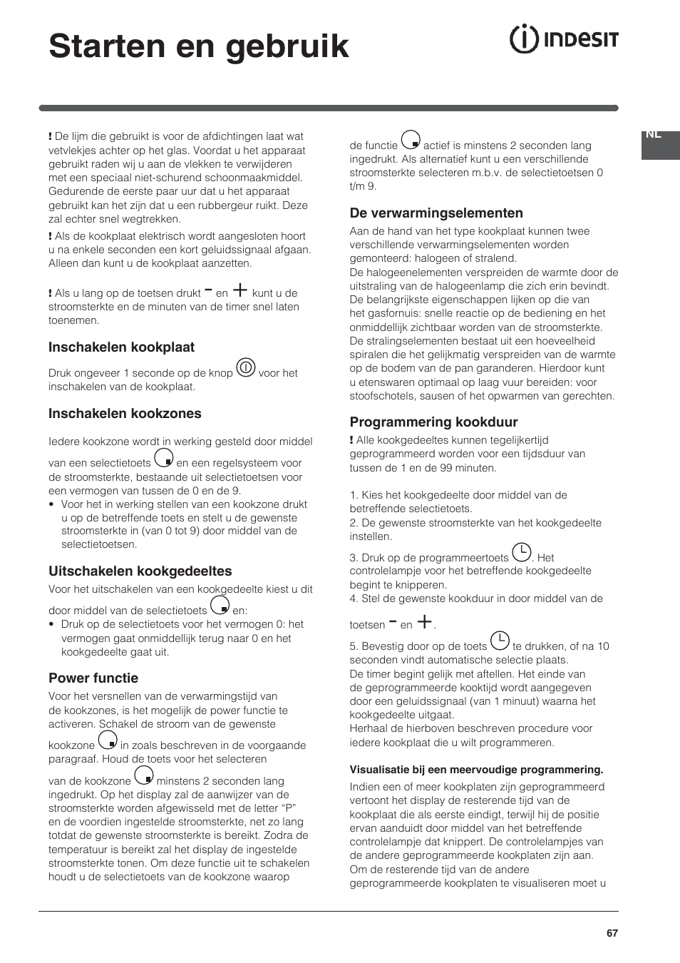 Starten en gebruik | Indesit VRO-632-TD-B User Manual | Page 67 / 84