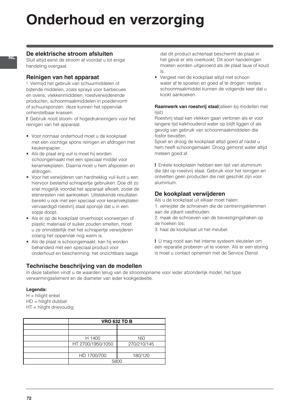 Onderhoud en verzorging, De elektrische stroom afsluiten, Reinigen van het apparaat | De kookplaat verwijderen, Technische beschrijving van de modellen | Indesit VRO-632-TD-B User Manual | Page 72 / 84