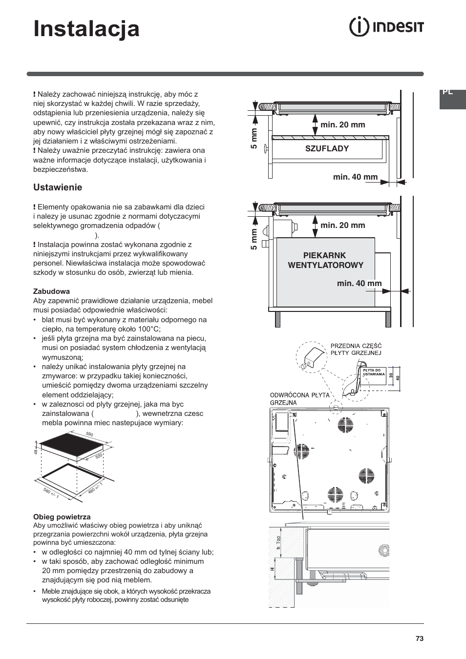 Instalacja, Ustawienie | Indesit VRO-632-TD-B User Manual | Page 73 / 84