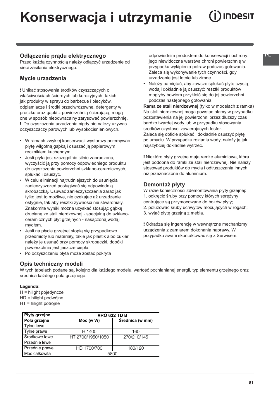 Konserwacja i utrzymanie, Odłączenie prądu elektrycznego, Mycie urządzenia | Demontaż płyty, Opis techniczny modeli | Indesit VRO-632-TD-B User Manual | Page 81 / 84