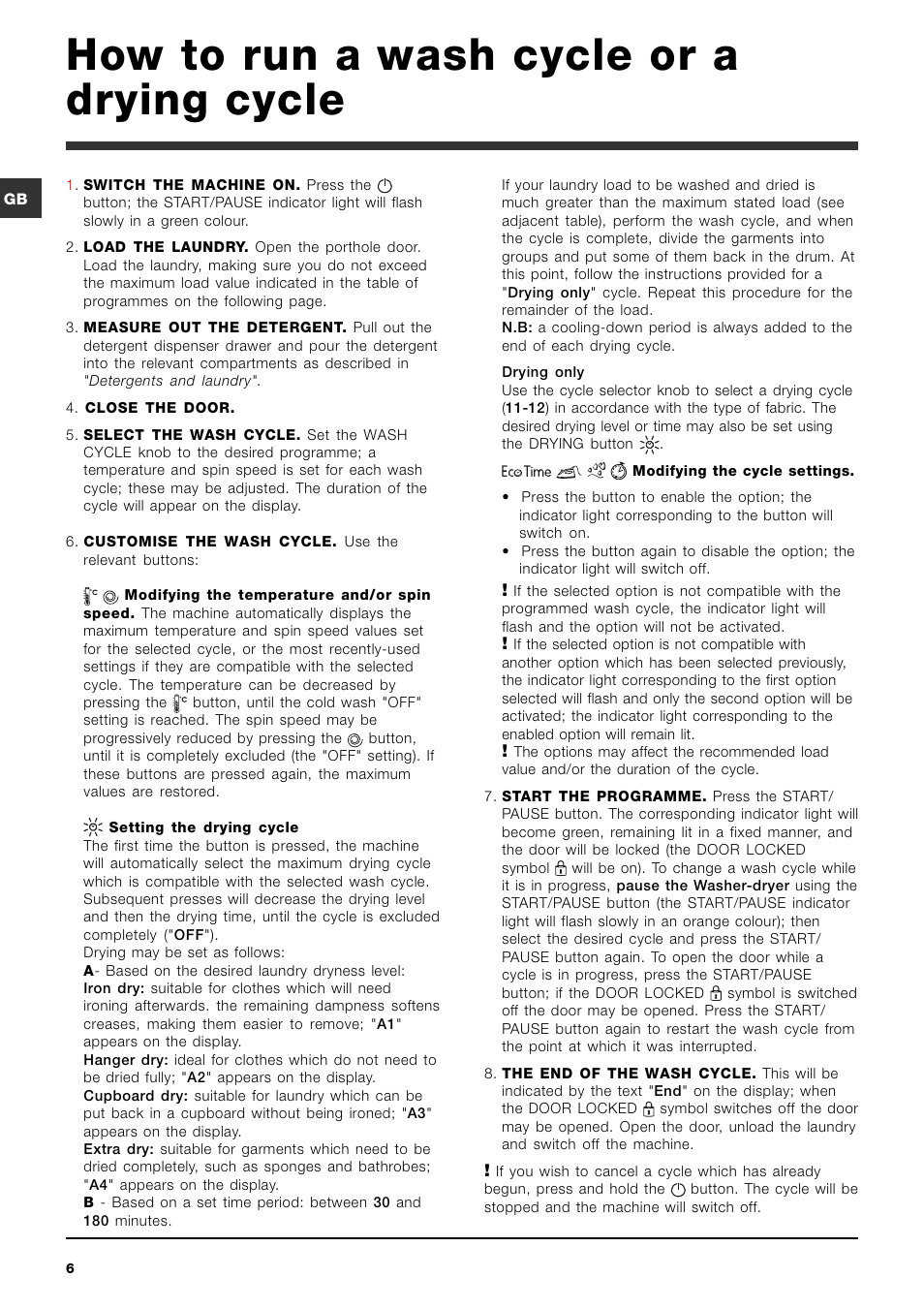 How to run a wash cycle or a drying cycle | Indesit IWDE-7125-S-(EU) User Manual | Page 6 / 48