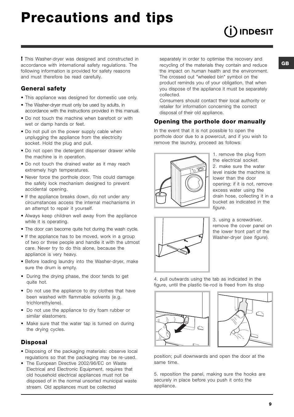 Precautions and tips, General safety, Disposal | Opening the porthole door manually | Indesit IWDE-7125-S-(EU) User Manual | Page 9 / 48