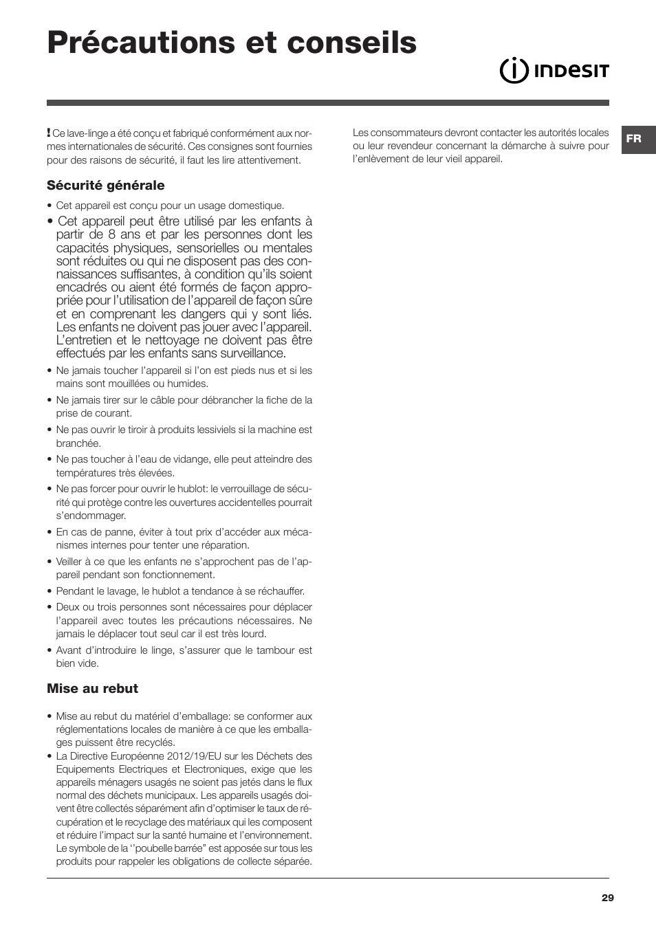 Précautions et conseils | Indesit IWTE-51251-ECO-(EU) User Manual | Page 29 / 84