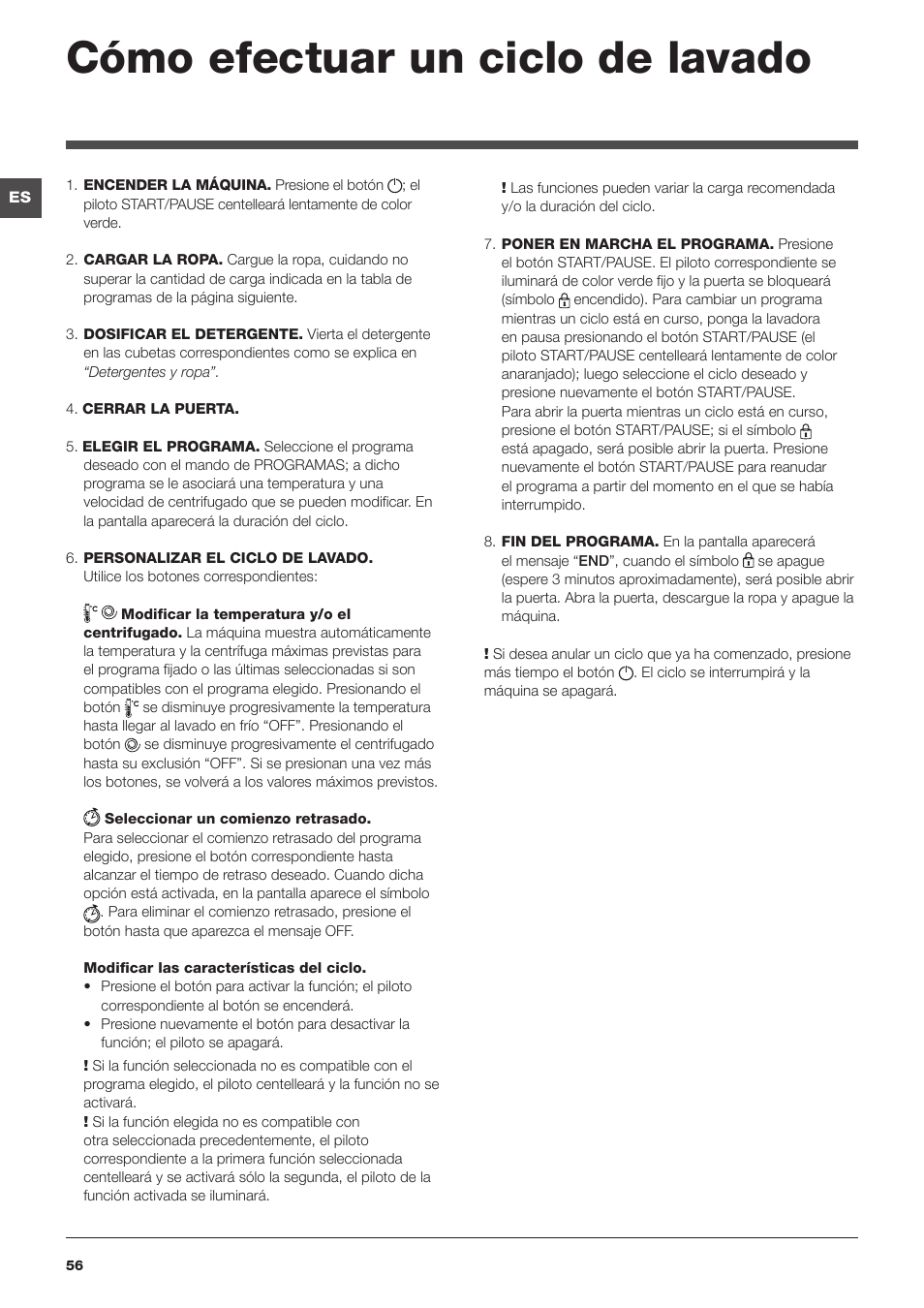 Cómo efectuar un ciclo de lavado | Indesit IWTE-51251-ECO-(EU) User Manual | Page 56 / 84