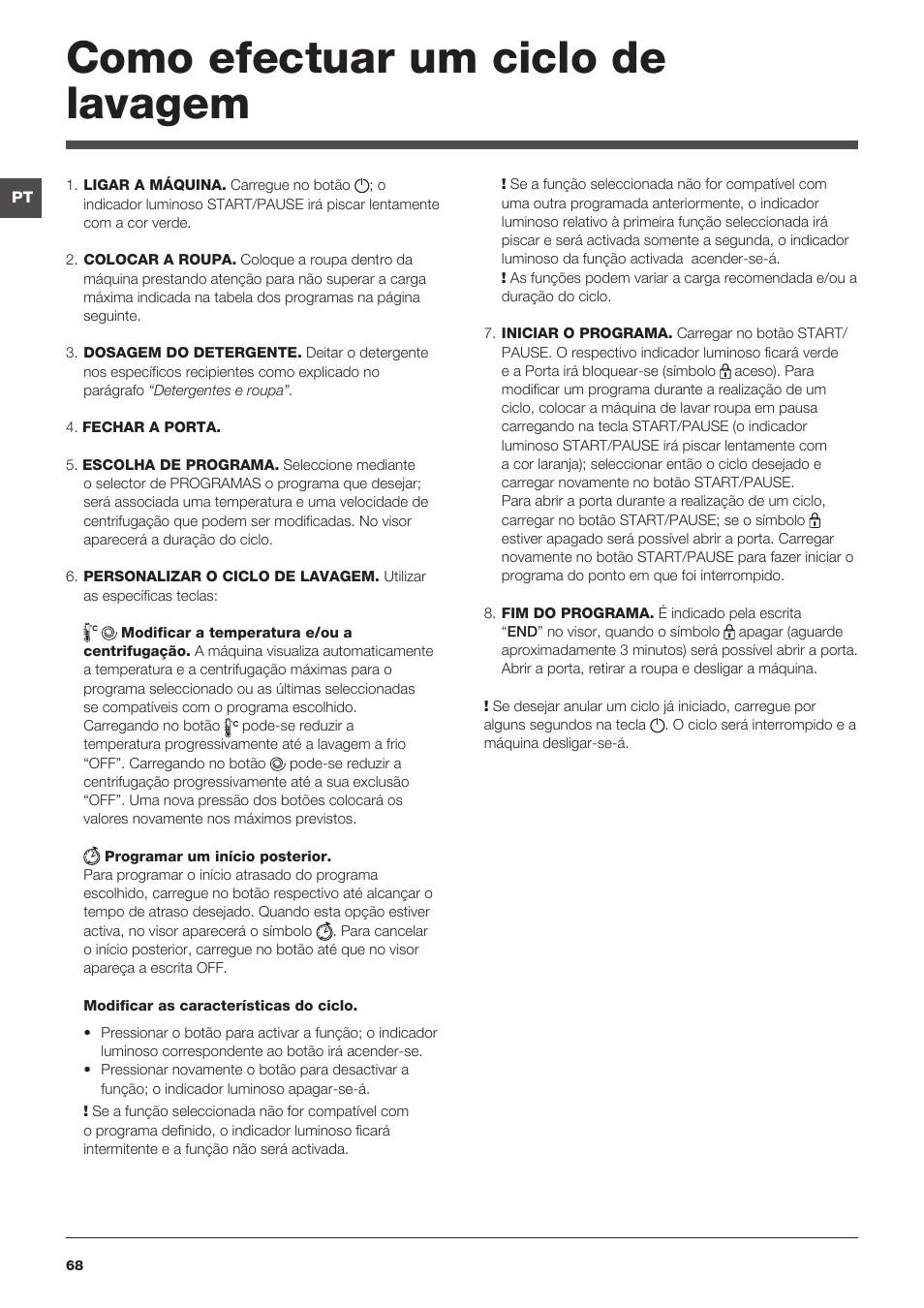 Como efectuar um ciclo de lavagem | Indesit IWTE-51251-ECO-(EU) User Manual | Page 68 / 84