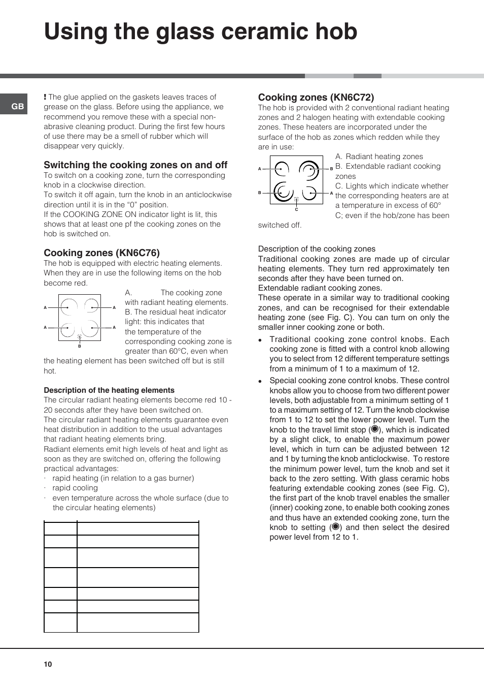 Using the glass ceramic hob, Switching the cooking zones on and off, Cooking zones (kn6c76) | Cooking zones (kn6c72) | Indesit KN6C76A(X)-GR User Manual | Page 10 / 60