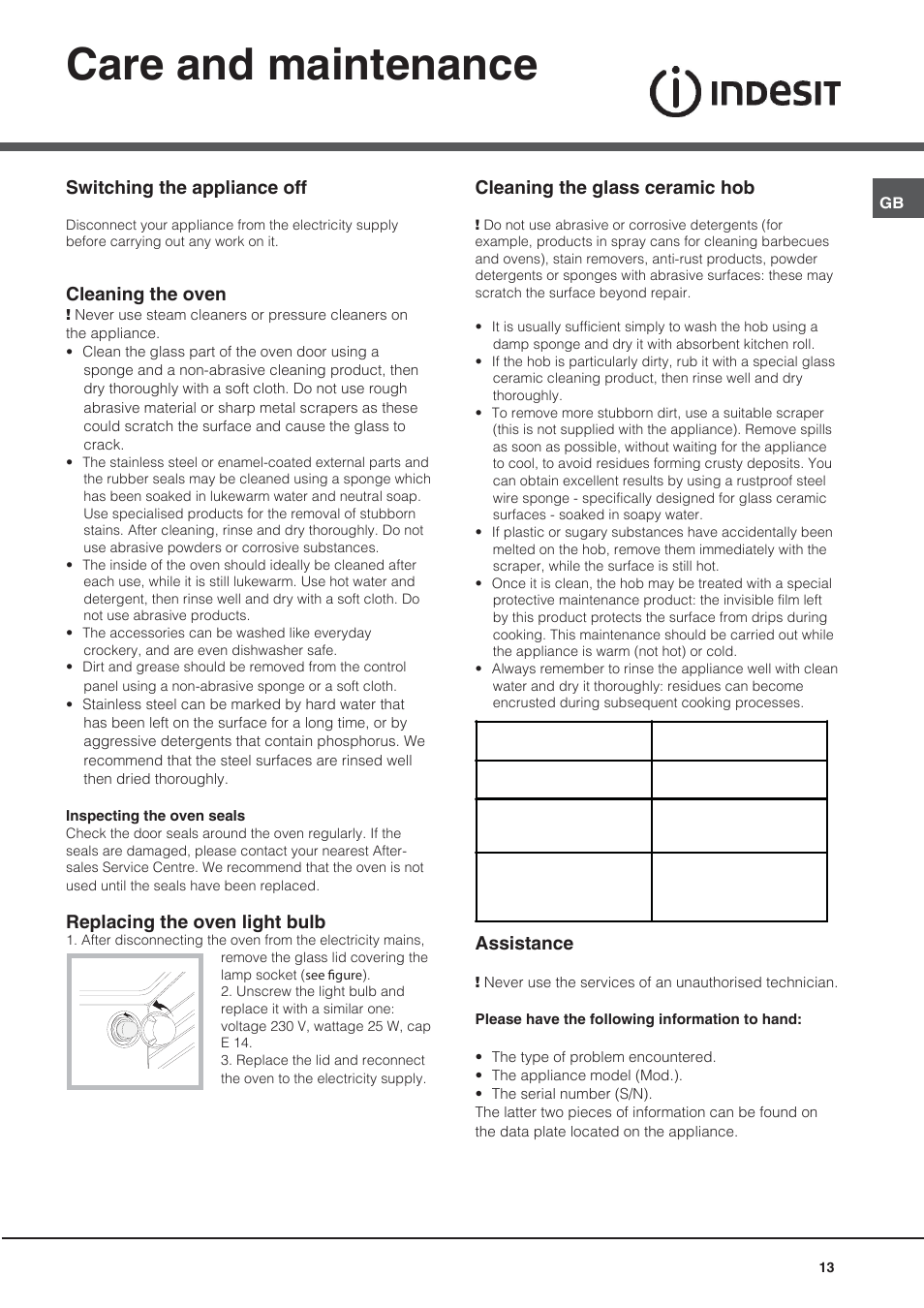 Care and maintenance, Switching the appliance off, Cleaning the oven | Replacing the oven light bulb, Cleaning the glass ceramic hob, Assistance | Indesit KN6C76A(X)-GR User Manual | Page 13 / 60