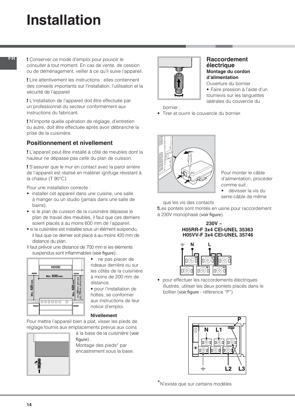 Installation, Positionnement et nivellement, Raccordement électrique | Nl2 l1 l3 p | Indesit KN6C76A(X)-GR User Manual | Page 14 / 60