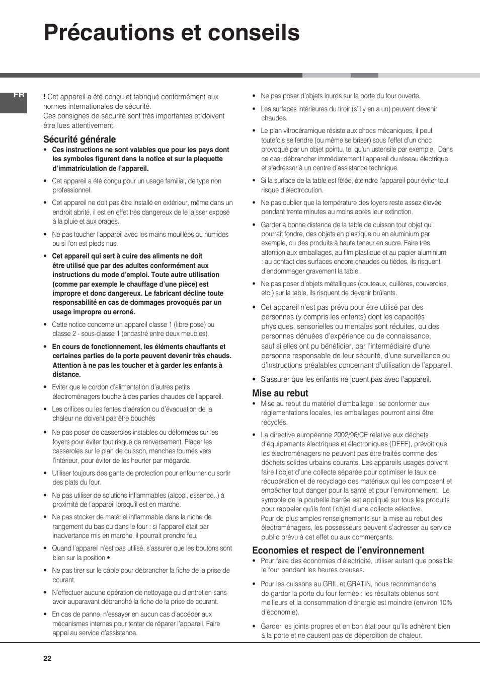 Précautions et conseils, Sécurité générale, Mise au rebut | Economies et respect de l’environnement | Indesit KN6C76A(X)-GR User Manual | Page 22 / 60