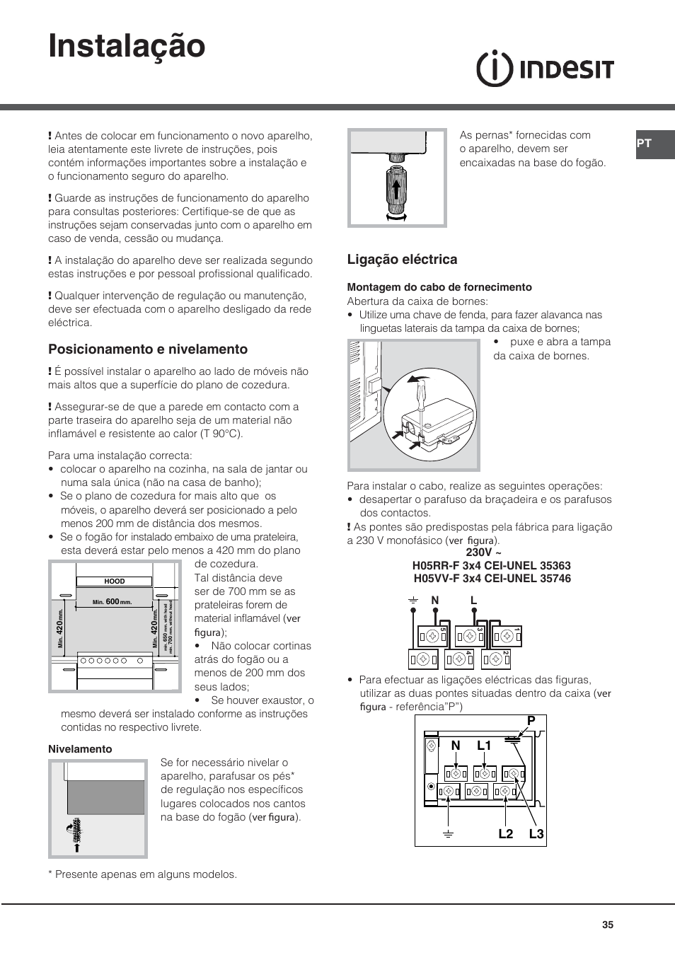 Instalação, Posicionamento e nivelamento, Ligação eléctrica | Nl2 l1 l3 p | Indesit KN6C76A(X)-GR User Manual | Page 35 / 60