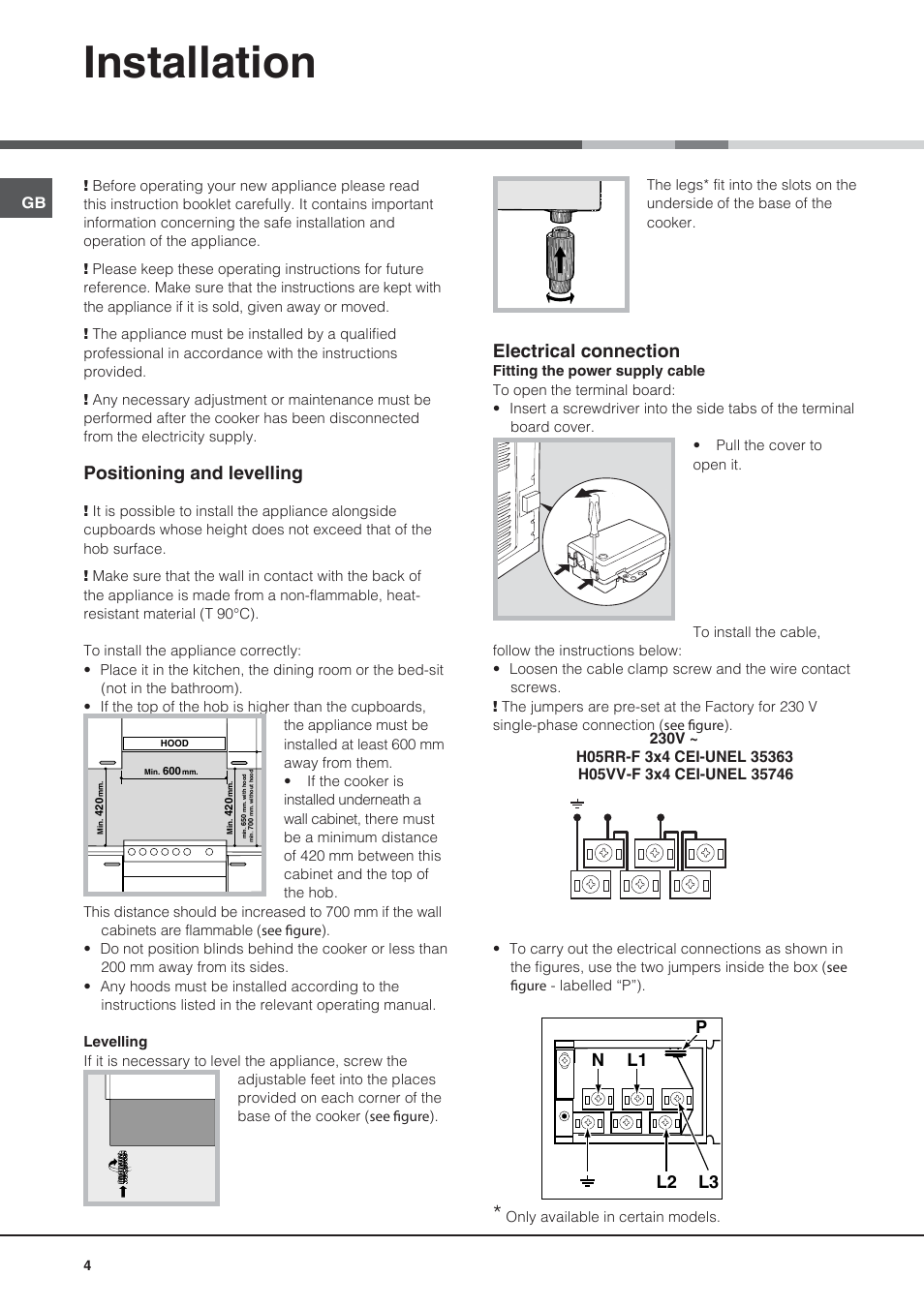 Installation, Positioning and levelling, Electrical connection | Nl2 l1 l3 p | Indesit KN6C76A(X)-GR User Manual | Page 4 / 60