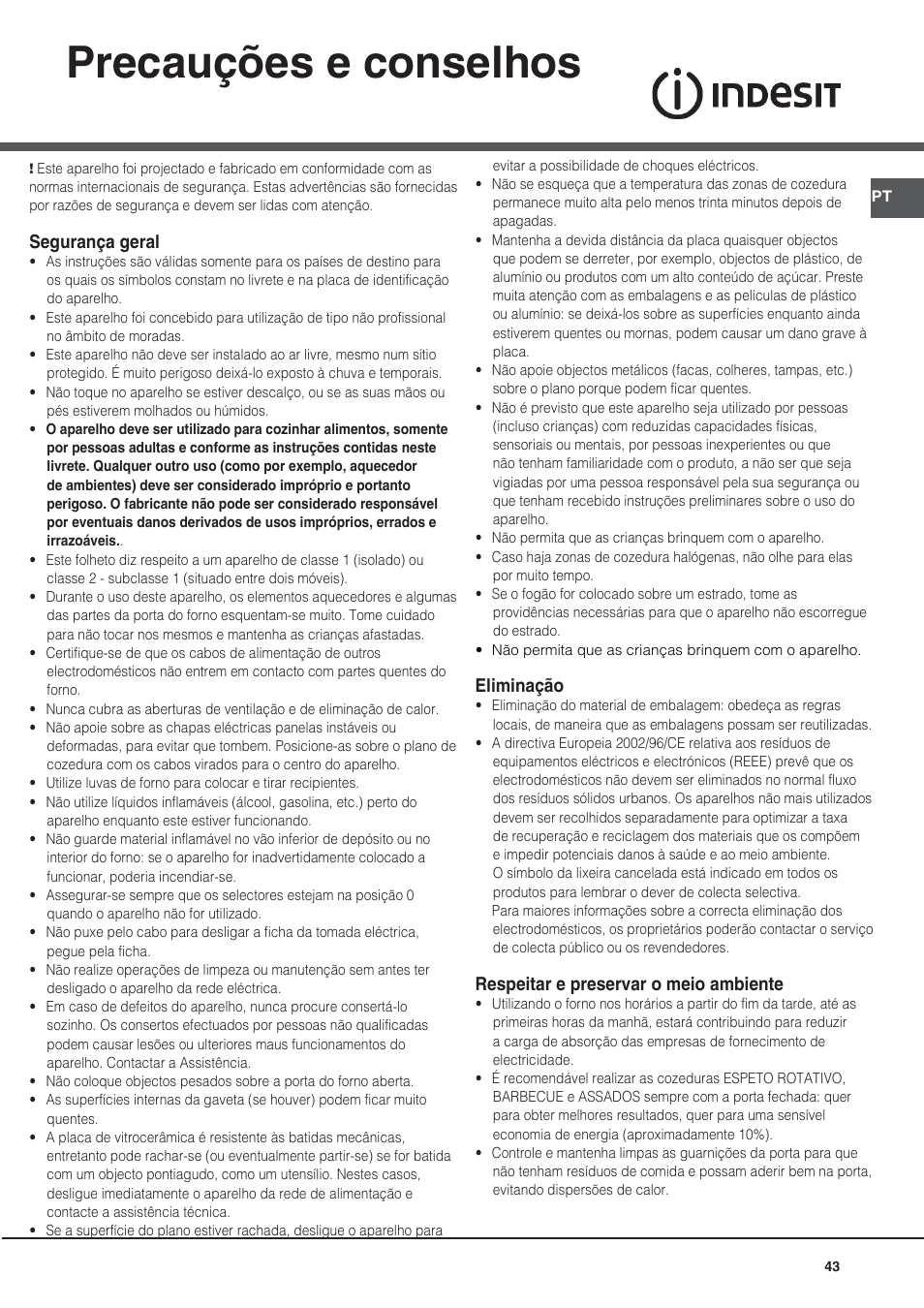 Precauções e conselhos | Indesit KN6C76A(X)-GR User Manual | Page 43 / 60