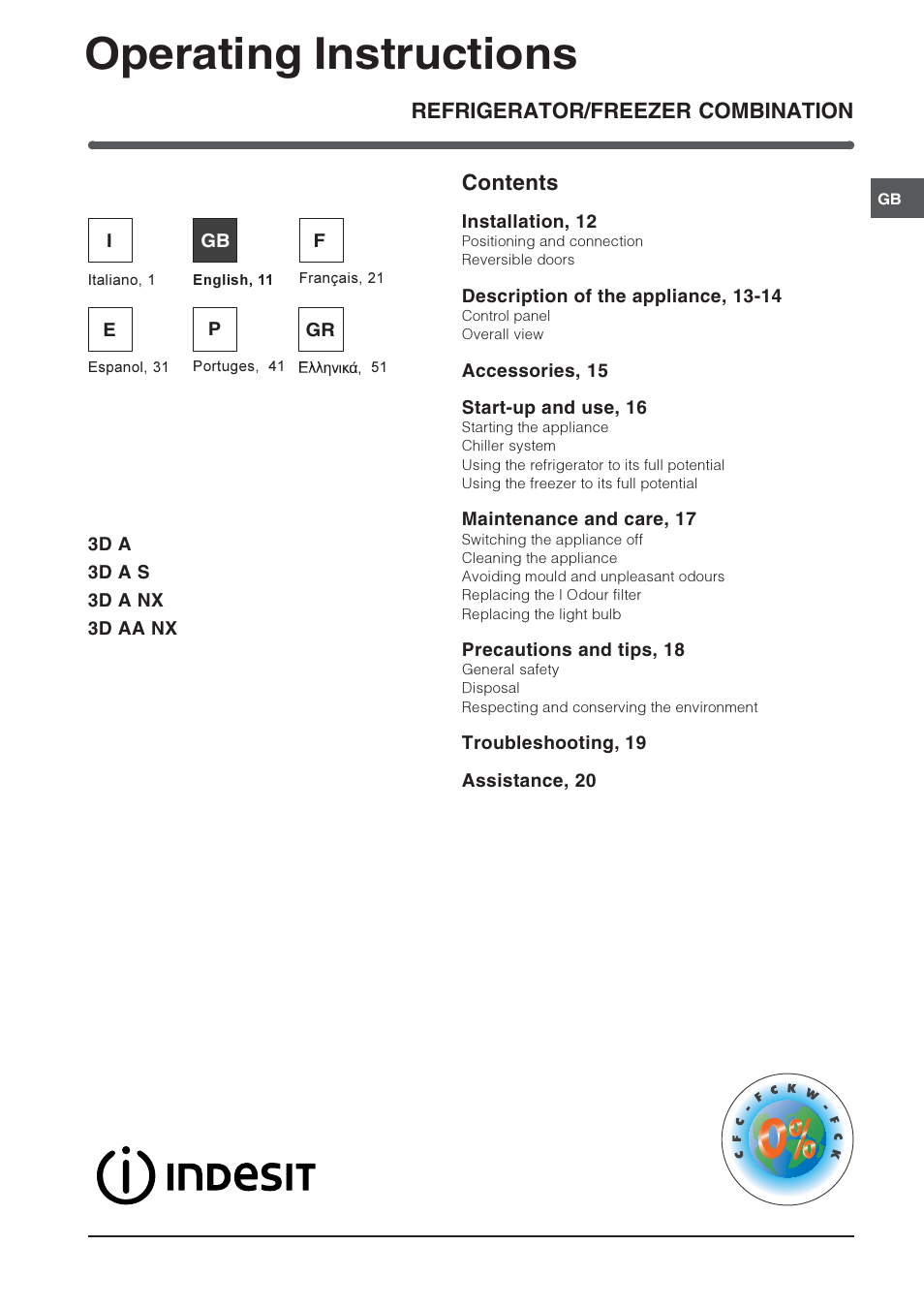 Operating instructions, Refrigerator/freezer combination contents | Indesit 3D AA NX User Manual | Page 11 / 60